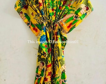 India Floral Printed 100% Cotton Kaftan, Cotton Kaftan, Free Size kaftan, Long Cotton Kaftan, Soft Cotton Kaftan, Green Kaftan Dress