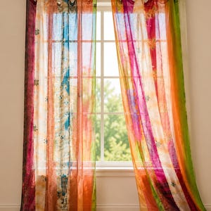 Indian Handmade Silk Sari Curtain Vintage Boho Window Drape Colorful Patchwork Panel Recycled Sari Home Decor Bohemian Multicolor