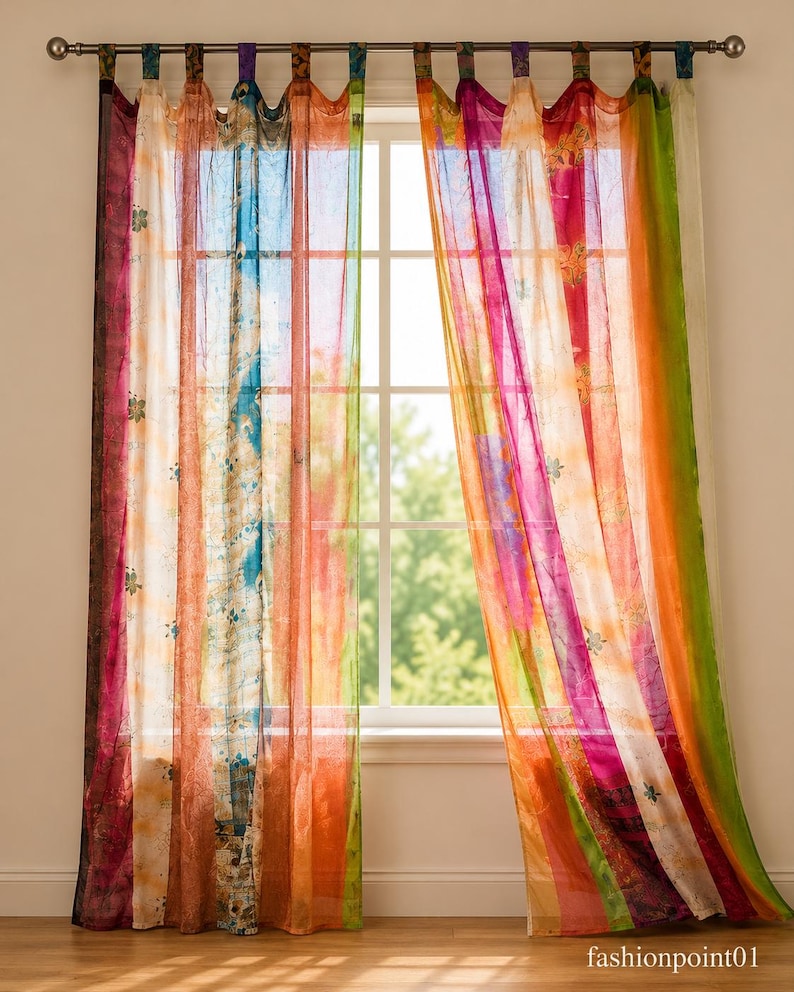 Indian Handmade Silk Sari Curtain Vintage Boho Window Drape Colorful Patchwork Panel Recycled Sari Home Decor Bohemian Multicolor