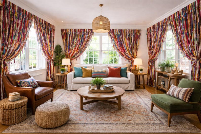 Puede incluir: Un sal&oacute;n con cortinas coloridas, un sof&aacute; blanco con cojines y un sill&oacute;n de cuero marr&oacute;n. Una mesa de centro redonda de madera se encuentra en el centro de la habitaci&oacute;n, con una l&aacute;mpara colgante tejida encima.