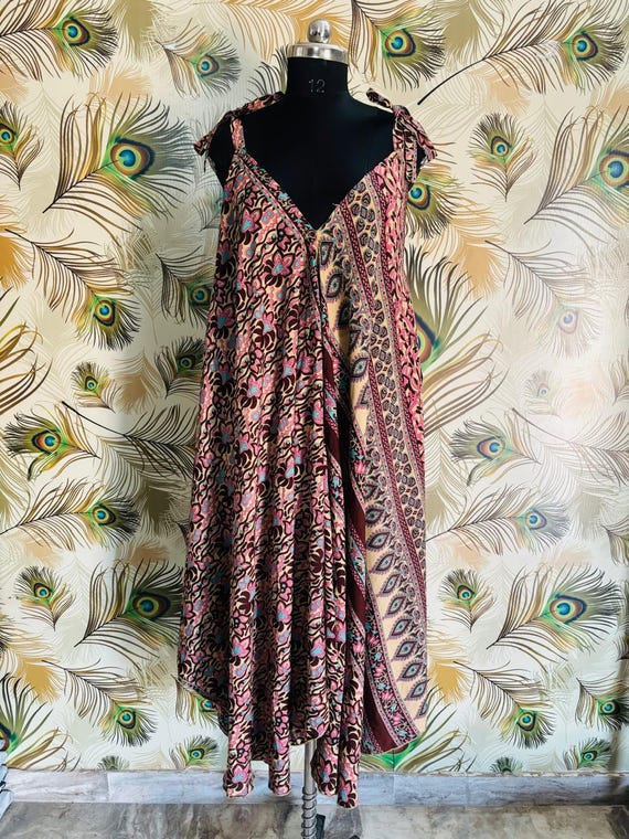 Handmade Silk Saree Sundress: Bohemian Backless Maxi Gown