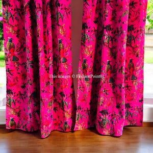 Handmade Cotton Velvet Curtain: Hot Pink Bird Print, Tab Top Drapes