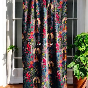 Indian Bird Printed Cotton Velvet Luxury Curtain, Boho Curtain, Luxury Drapes Housewarming gift, Room Decor Curtain, Window Decor