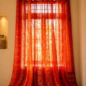 Vintage Silk Sari Curtain, Boho Window Curtain, Handmade Patchwork Curtain Panel, Indian Silk Window Treatment, Tab Top Door Curtain Orange