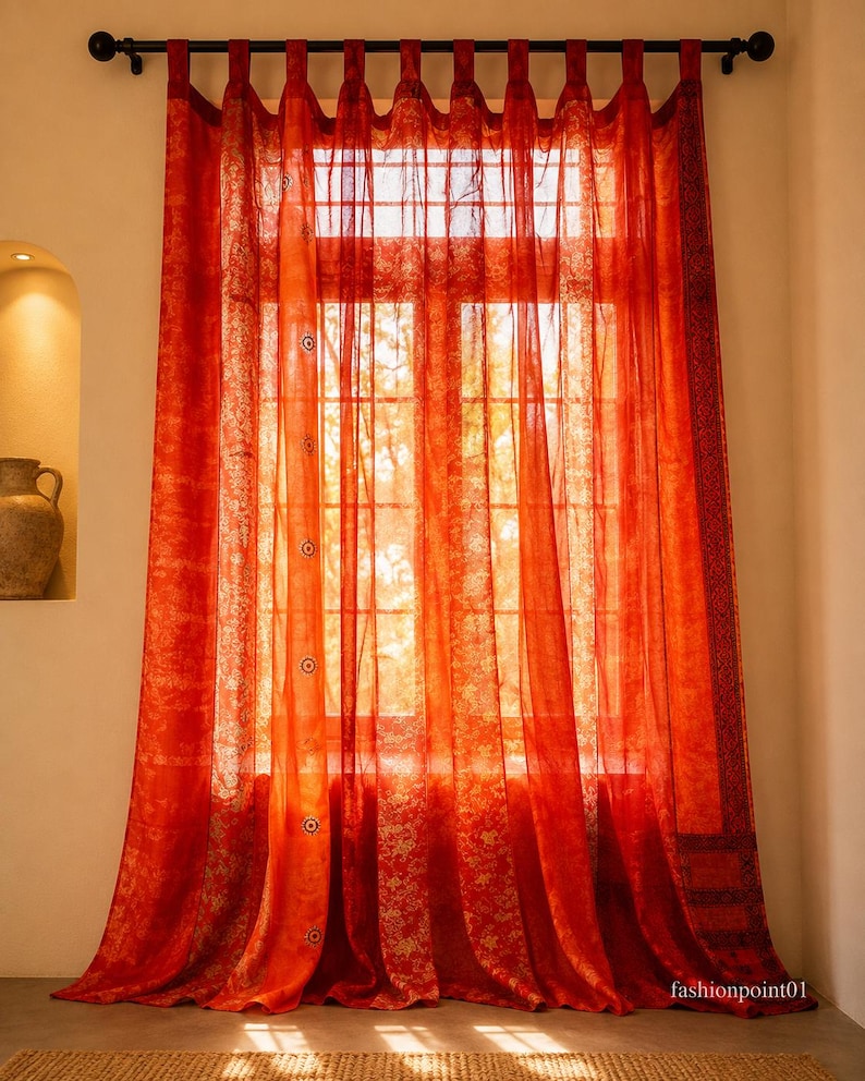 Vintage Silk Sari Curtain, Boho Window Curtain, Handmade Patchwork Curtain Panel, Indian Silk Window Treatment, Tab Top Door Curtain Orange