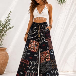 Spodnie palazzo z patchworku, damskie, boho, festiwalowe, szerokie nogawki, bawełniane, hipisowskie, spodnie do jogi, ręcznie robione indyjskie ubrania