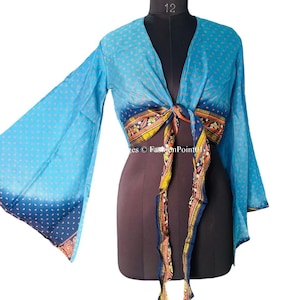 Handgemachtes Seide Saree Crop Top: Boho Top mit Glockenärmeln zum Binden
