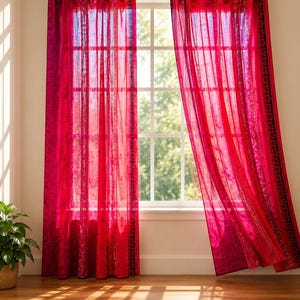 Indian Handmade Silk Sari Curtain Vintage Boho Window Drape Colorful Patchwork Panel Recycled Sari Home Decor Bohemian Pink