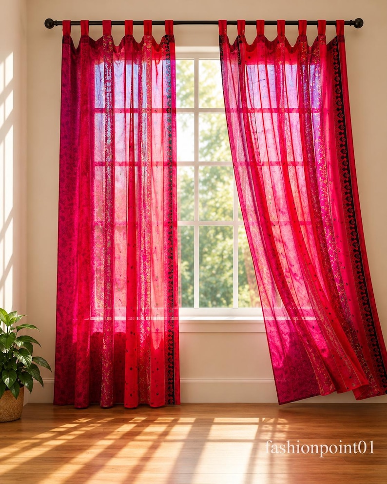 Indian Handmade Silk Sari Curtain Vintage Boho Window Drape Colorful Patchwork Panel Recycled Sari Home Decor Bohemian Pink
