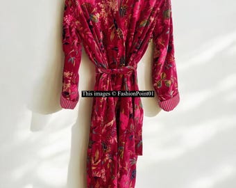 Red Floral Velvet Kimono Robe: Cotton Lined Banyan