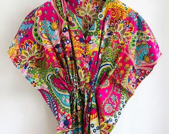 India Paisley Printed Cotton Long Beach Maxi Kaftan Dress Free Size Caftan, Soft Cotton Kaftan, Bikini Cover up, Pink Long Caftan Dress