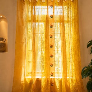 Vintage Silk Sari Curtain, Boho Window Curtain, Handmade Patchwork Curtain Panel, Indian Silk Window Treatment, Tab Top Door Curtain Yellow