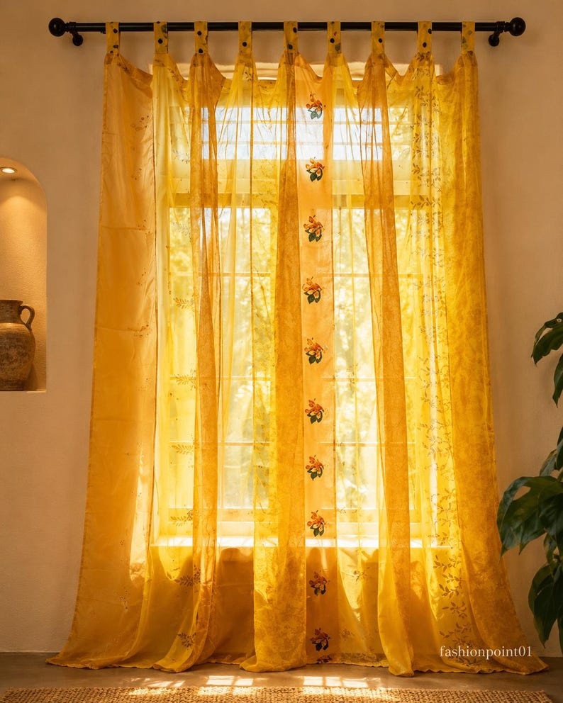 Vintage Silk Sari Curtain, Boho Window Curtain, Handmade Patchwork Curtain Panel, Indian Silk Window Treatment, Tab Top Door Curtain Yellow