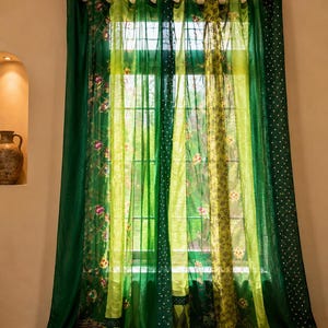 Vintage Silk Sari Curtain, Boho Window Curtain, Handmade Patchwork Curtain Panel, Indian Silk Window Treatment, Tab Top Door Curtain Green