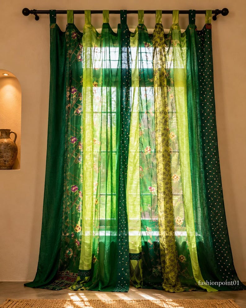 Vintage Silk Sari Curtain, Boho Window Curtain, Handmade Patchwork Curtain Panel, Indian Silk Window Treatment, Tab Top Door Curtain Green