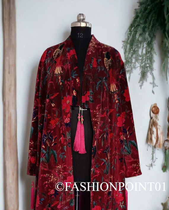 OFMD Bird Print Velvet Kimono Robe: Maroon Cotton Banyan with Tassels
