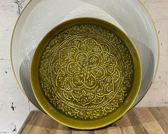Olive Green Berber Tray 45cm – Olive Green Metal Tray – Round Boho Decorative Tray – Boho Home Decor – Gift Idea