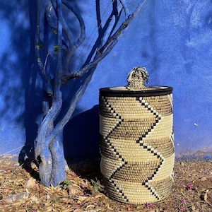 May include: A tall, cylindrical woven basket with a lid. The basket features a geometric pattern in black and natural tones. The lid has a decorative tassel. The background is a vibrant blue wall with a blue tree.