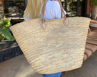 XXL Moroccan straw basket – Large beach basket with braided handles – Boho tote bag – Handmade doum basket – Straw beach bag – Boho decor basket