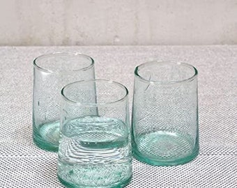 Lot de 6 Verres Beldi coniques transparent, soufflé bouche, artisanal,3 tailles