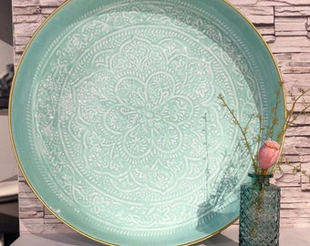 Vassoio berbero in metallo smaltato verde celadon – vassoio decorativo boho chic 45cm/60cm, vassoio rotondo marocchino da portata, decorazione per la casa
