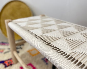 Cream rope-woven wooden bench, boho and warm style, natural material, Moroccan