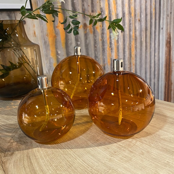 Lampe a huile verre moderne, sphère ,ambre light transparentes, décoration salon, ambiance cosy