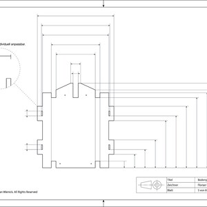 May include: A black and white line drawing of a building with measurements labeled in inches. The drawing is titled "Bodenplatte 12 mm" and is labeled "S von 8".