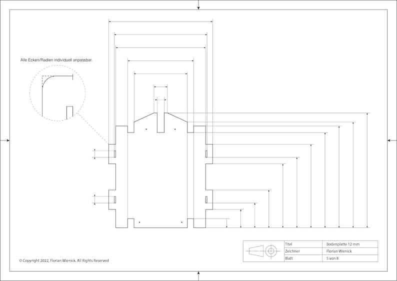 May include: A black and white line drawing of a building with measurements labeled in inches. The drawing is titled "Bodenplatte 12 mm" and is labeled "S von 8".