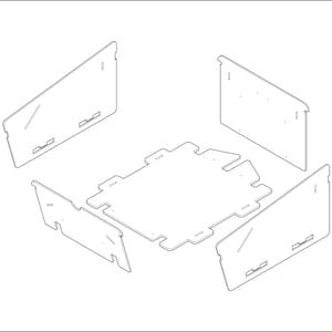 May include: A set of five white cardboard pieces for building a model. The pieces are shaped like rectangles and triangles, and they have tabs that can be used to connect them together.