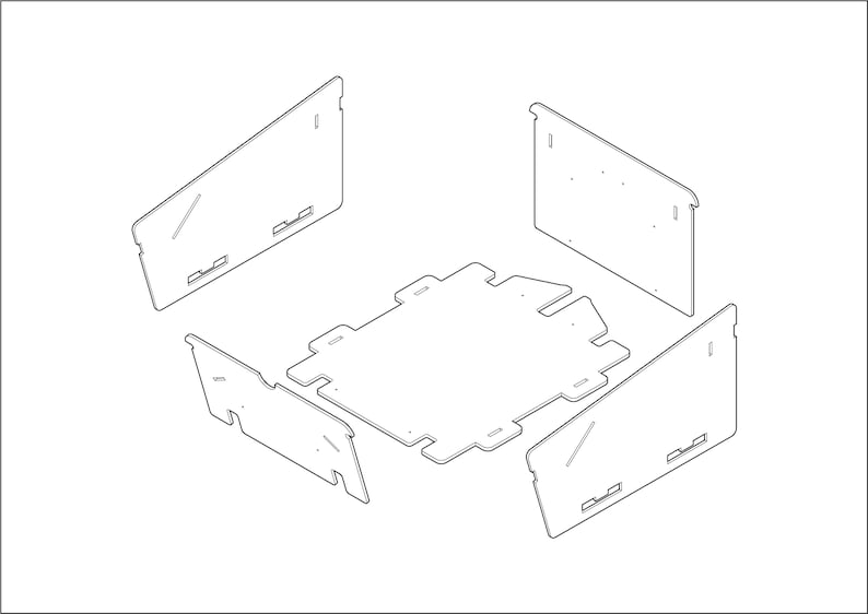 May include: A set of five white cardboard pieces for building a model. The pieces are shaped like rectangles and triangles, and they have tabs that can be used to connect them together.