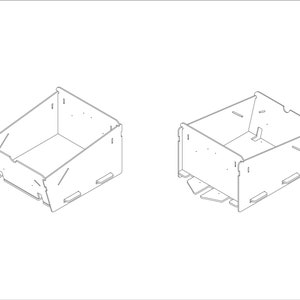 May include: Two open-top cardboard boxes with a simple design. The boxes are made of brown cardboard and have a rectangular shape. The boxes are empty and are shown from a slightly angled perspective.