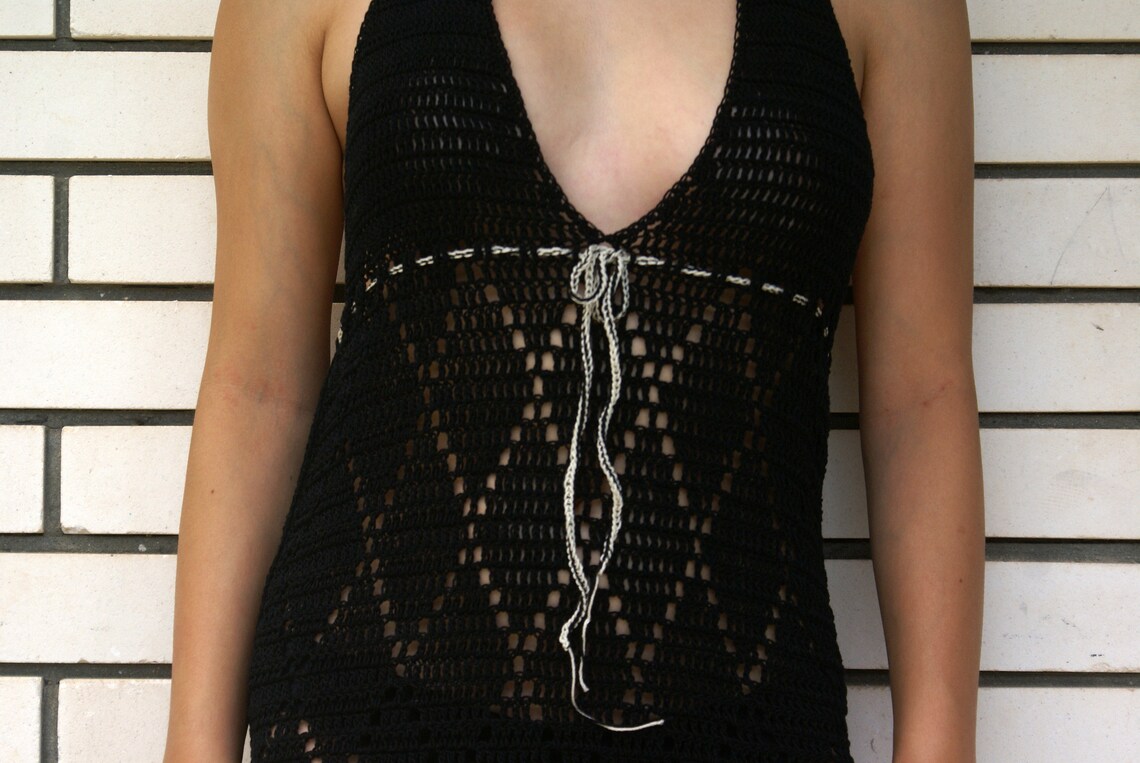 Black Crochet Dress Open Back Short Casual Dress Bohemian Etsy