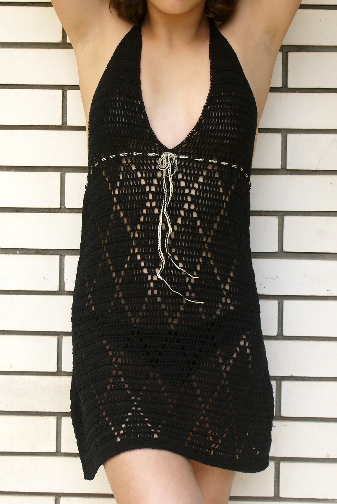 Black Crochet Dress Open Back Short Casual Dress Bohemian Etsy