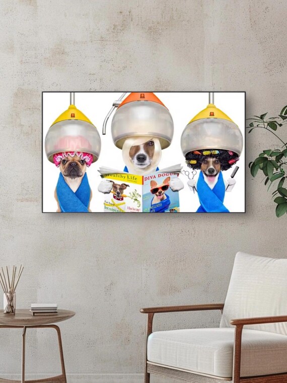humour art dog grooming salon, dogs reading newspapers having  a blow dry perm