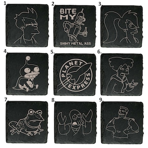 Porta-copos de ardósia inspirados em Futurama 9 designs ótimo presente de aniversário (Fry Leela Hypnotoad Amy Bender Zapp Zoidberg Nibbler)