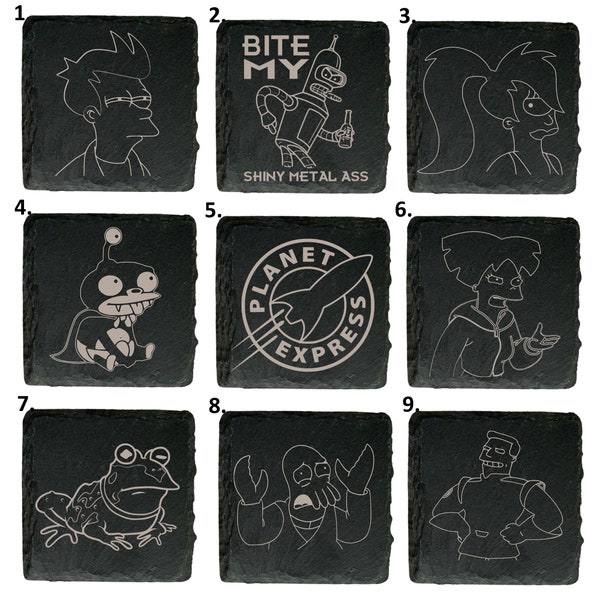 Futurama Inspired Slate Coasters 9 Designs  Great Gift Birthday (Fry Leela Hypnotoad Amy Bender Zapp Zoidberg Nibbler)