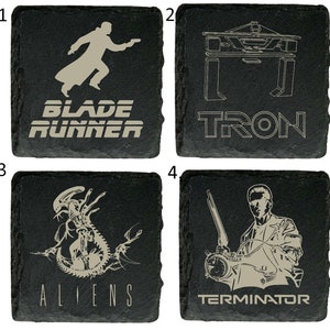 80&#39;s Sci-Fi Movie Inspired Natural Slate Coasters -  Blade Runner, Tron, Alien, Aliens, Terminator Great Gift