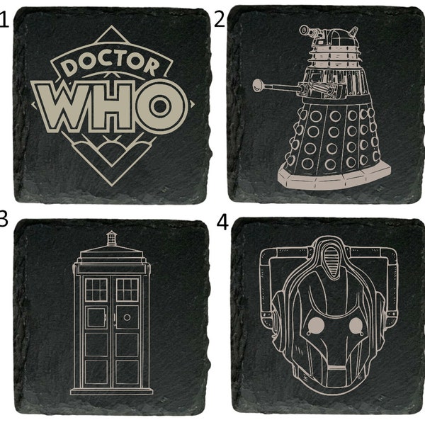 Doctor Who Inspired Natural Slate Coasters -  Dr Timelord Dalek Cybermen Great Gift