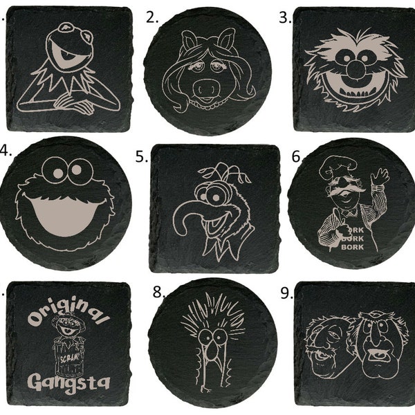 Dessous de verre en ardoise inspirés du Muppets Show, 9 modèles, excellent cadeau d'anniversaire (Kermit Miss Piggy Animal Cooke Monster Gonzo Waldorf Statler)