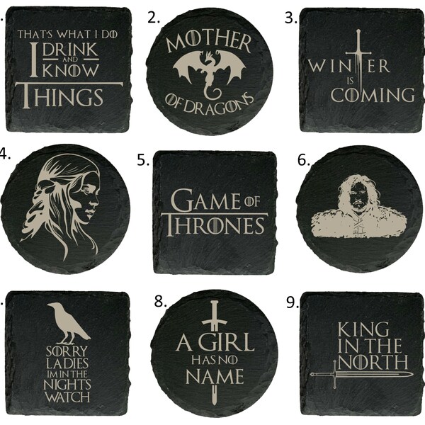 Game of Thrones Inspired Natural Slate Coasters 9 Designs Square or Round Great Gift Birthday (Mother of Dragons Dany Jon Snow Nights Watch)