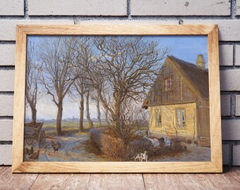 Peinture vintage de paysage d'hiver de ferme (téléchargement numérique)