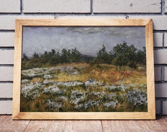 Vintage Summer Landscape Painting: Muted Green Farmhouse Wall Art (Printable Download)