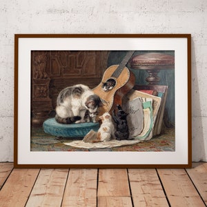 Vintage Cat with Kittens Painting Printable - Girls Room Decor, DIGITAL Print for Nursery | Cute Cat Family Art for Kids Room | 013