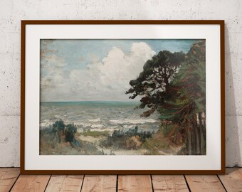 Dipinto a olio d'epoca sulla costa: stampa artistica rustica sulla spiaggia (download digitale)