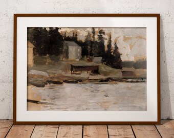 Vintage Lake House Painting: Neutral Landscape Art (Digital Print)