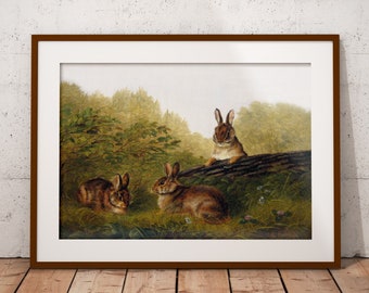 Easter Printable-Vintage Rabbit painting-Vintage Easter prints-Antique Farmhouse Wall Art-Spring Art-Rabbits on A Log- Instant Download-071