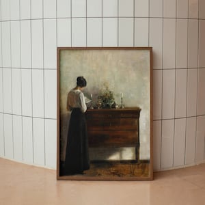 Vintage Portrait Woman Reading, Interior Scene, Print of Antique Oil Painting 051