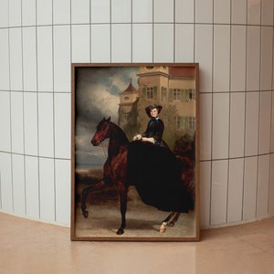 Digital Art print Equestrian Horse Portrait Victorian Woman Painting, Dark Academia PRINTABL living room art, digital download 049