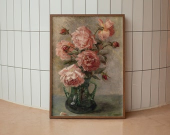 Pintura de rosas de naturaleza muerta / Arte de cocina vintage / Impresión botánica vintage / Decoración de granja digital n.° 107